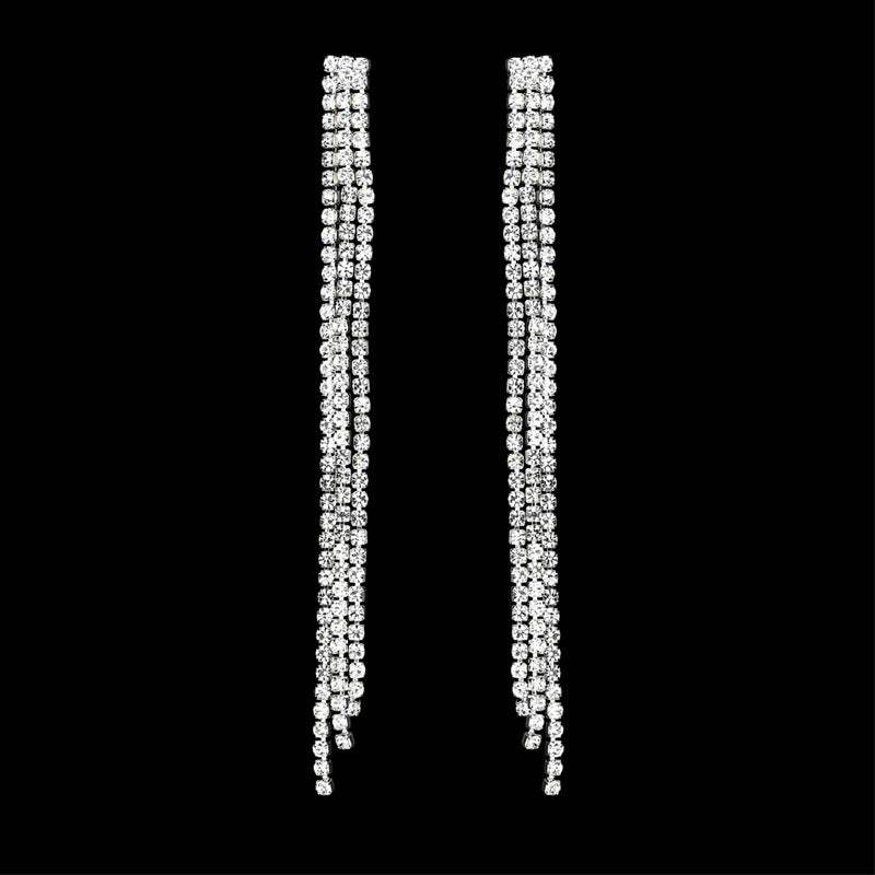 Threelayer Full Diamond Tassel Long Earrings