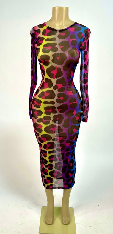 Colorful Leopard Print Long Sleeve Dress