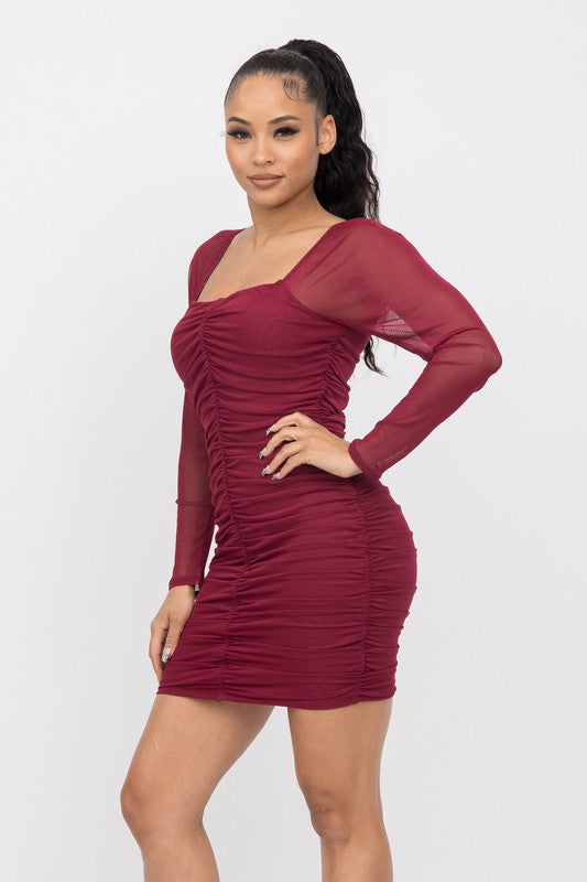 Power Mesh Inside Lining Shirring Dress