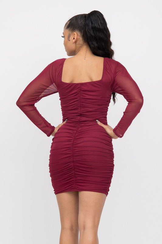 Power Mesh Inside Lining Shirring Dress