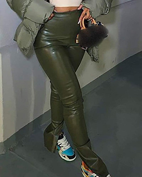 High Waist PU Leather Slit Bootcut Pants