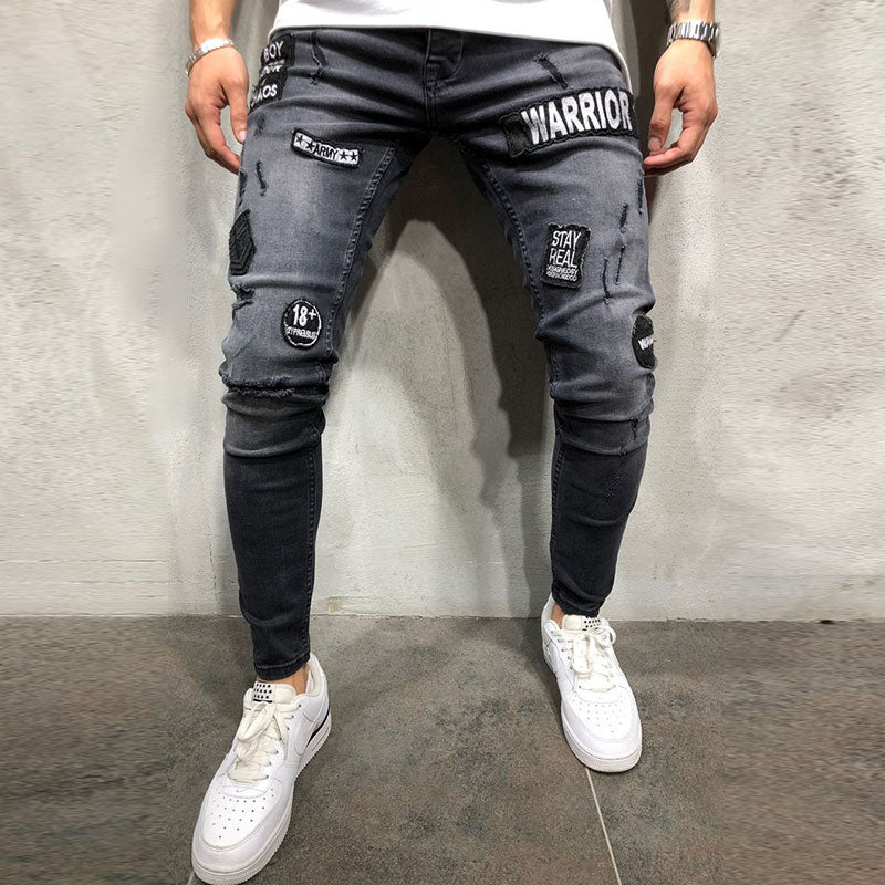 Letter Applique Design Men Skinny Jeans