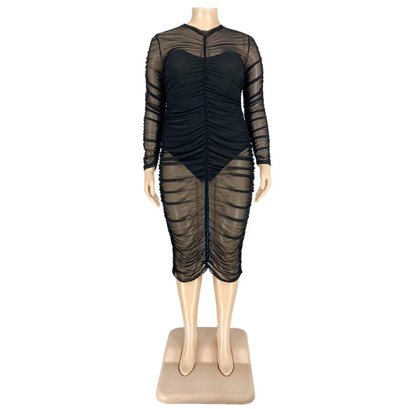 Bodysuit And Mesh See-through Dress Two Pieces Set