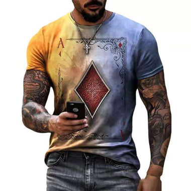 Men Creative Poker Printed Loose T-shirt