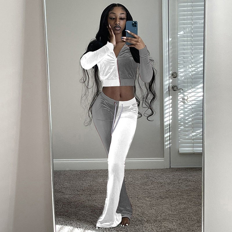 Zipper Lapel Top And Pants Two Pieces Set