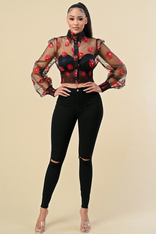FLORAL PRINTED PUFF SLEEVE SHEER TUTLE NECK TOP