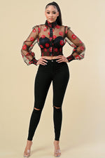 FLORAL PRINTED PUFF SLEEVE SHEER TUTLE NECK TOP