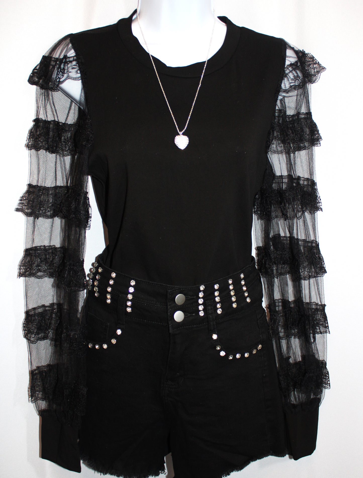 Black Ruffle Mesh Trim Top