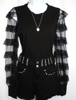 Black Ruffle Mesh Trim Top