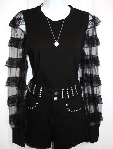 Black Ruffle Mesh Trim Top