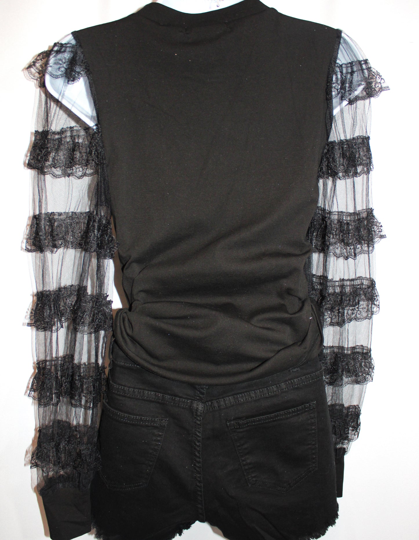 Black Ruffle Mesh Trim Top