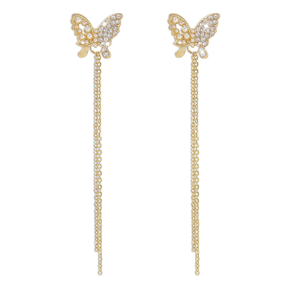 Long Tassel Diamondstudded Pearl Butterfly Earrings