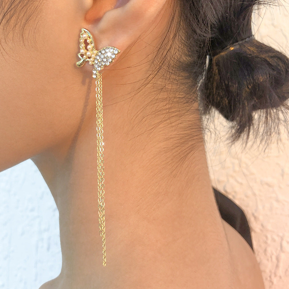 Long Tassel Diamondstudded Pearl Butterfly Earrings