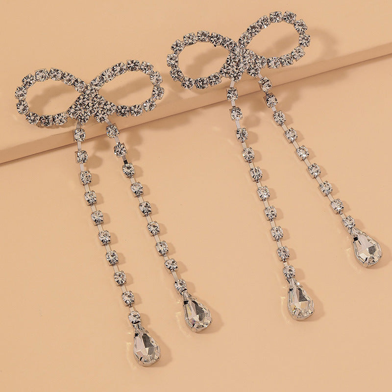 Full Diamond Bow Tassel Long Earrings