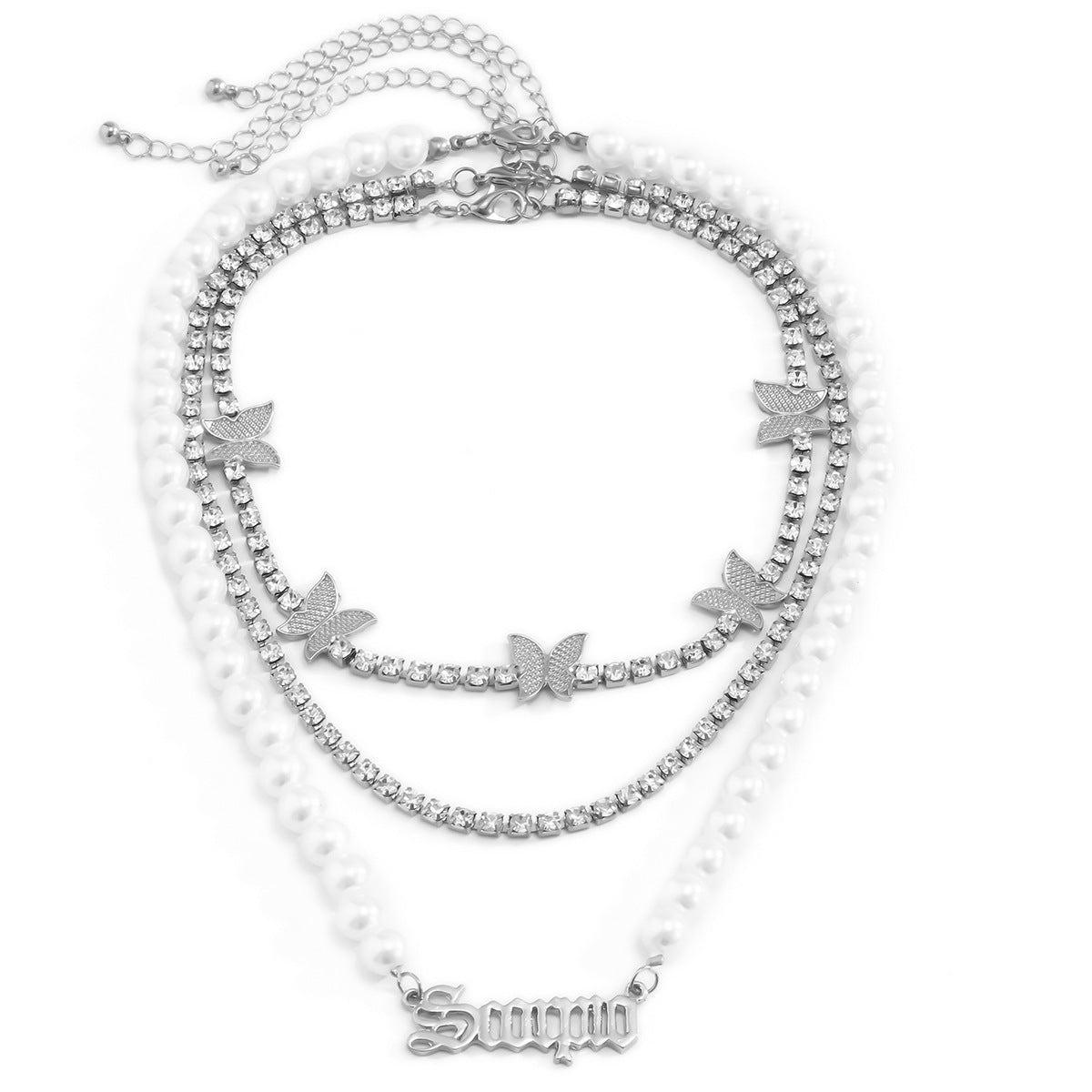 Retro Pearl Butterfly Diamond Necklace Set