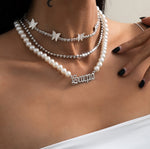 Retro Pearl Butterfly Diamond Necklace Set
