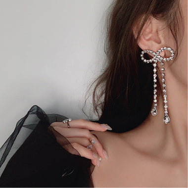 Full Diamond Bow Tassel Long Earrings