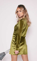 Ruched Button-Down Velvet Shirt Dress Green