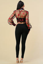 FLORAL PRINTED PUFF SLEEVE SHEER TUTLE NECK TOP