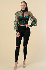 FLORAL PRINTED PUFF SLEEVE SHEER TUTLE NECK TOP
