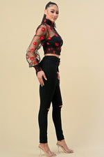 FLORAL PRINTED PUFF SLEEVE SHEER TUTLE NECK TOP
